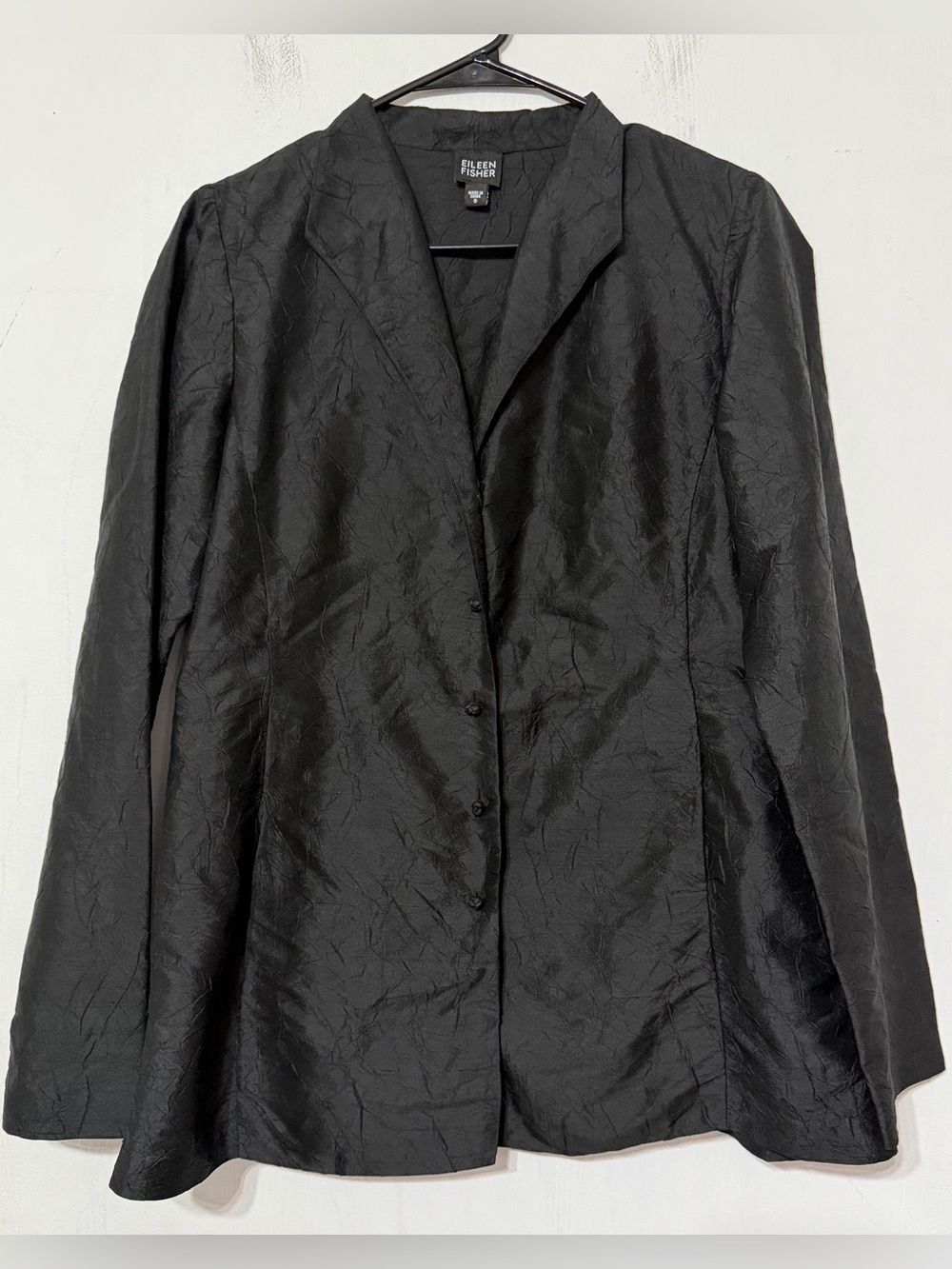 Eileen Fisher 100% Silk Black Textured Crinkle Blazer Jacket Button Top
